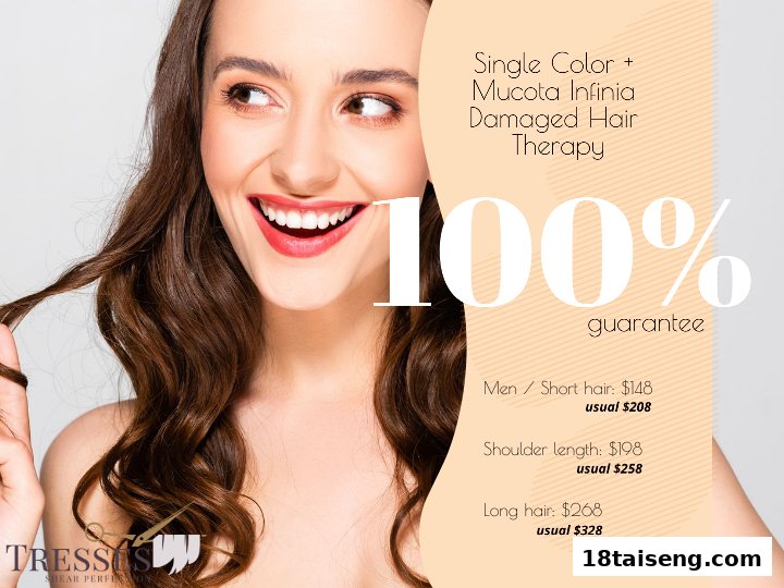 A smiling woman showcasing a hair treatment offer with pricing details for different hair lengths.