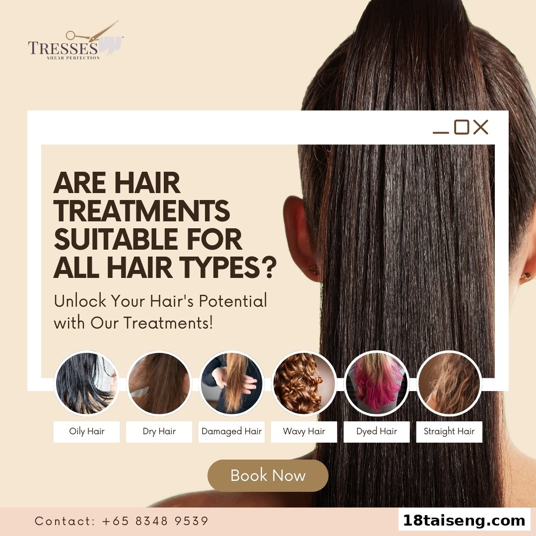 An advertisement for Tresses hair treatments, showcasing solutions for various hair types like oily, dry, damaged, wavy, dyed, and straight hair.
