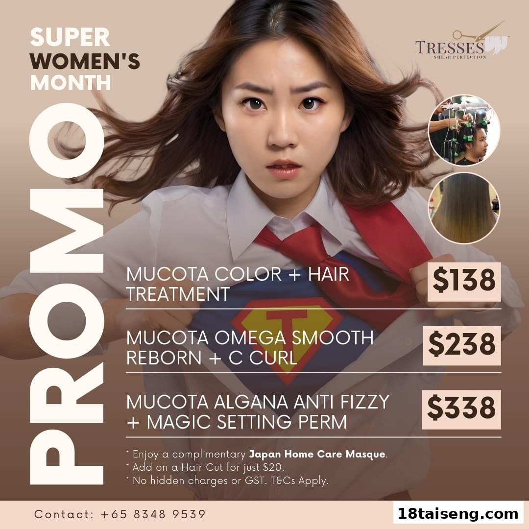 A promotional image featuring a woman in a superhero pose, showcasing hair treatment packages and prices.