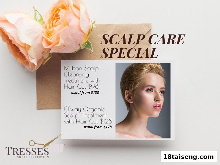 An advertisement for scalp care specials from Tresses, featuring discounted treatment and haircut packages.