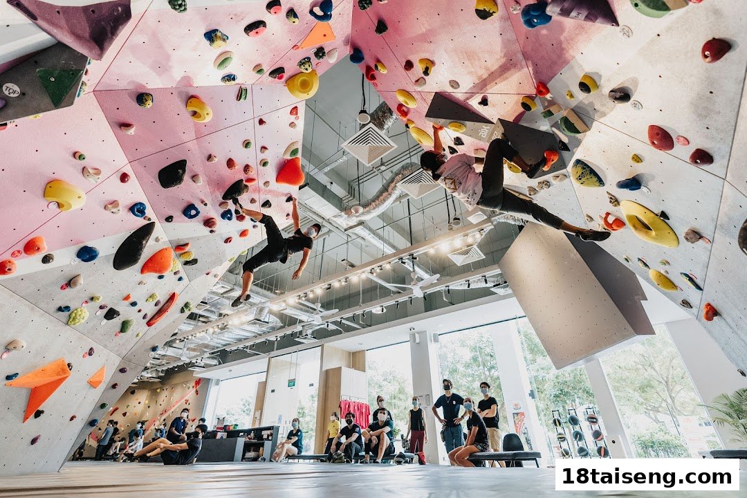 Two people bouldering on colorful climbing walls in a modern gym, with others observing.
