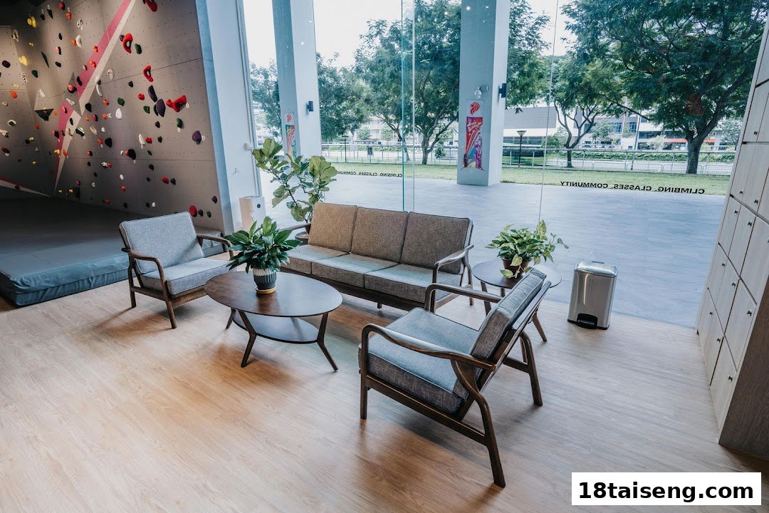 Interior view of Boulder Movement Tai Seng, featuring a lounge area and a climbing wall.