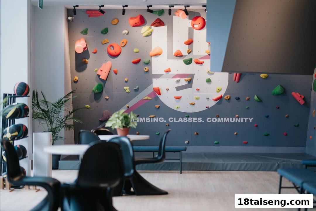 An interior view of Boulder Movement Tai Seng, featuring a vibrant climbing wall, seating area, and plants.