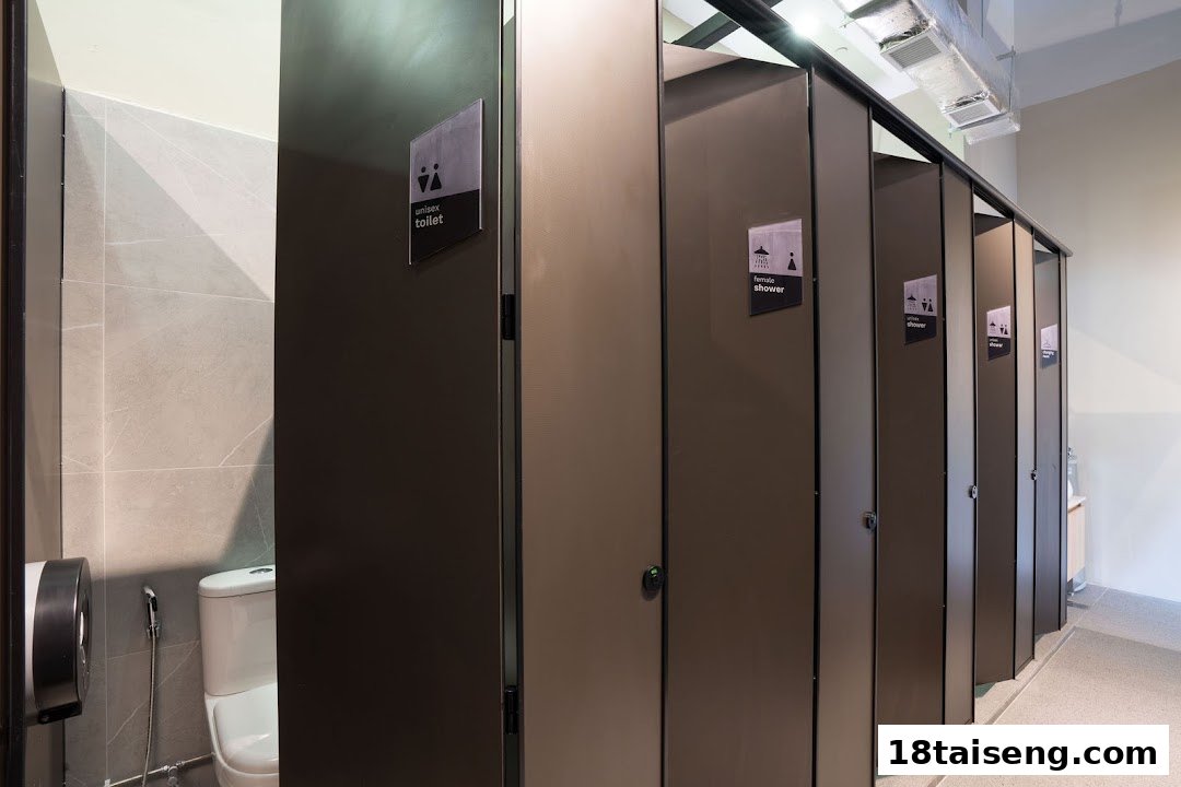 A row of modern, private cubicles for unisex toilets, female showers, and changing rooms.