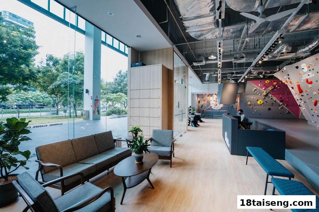 A spacious, modern bouldering gym interior featuring climbing walls, a reception desk, and a comfortable lounge area.