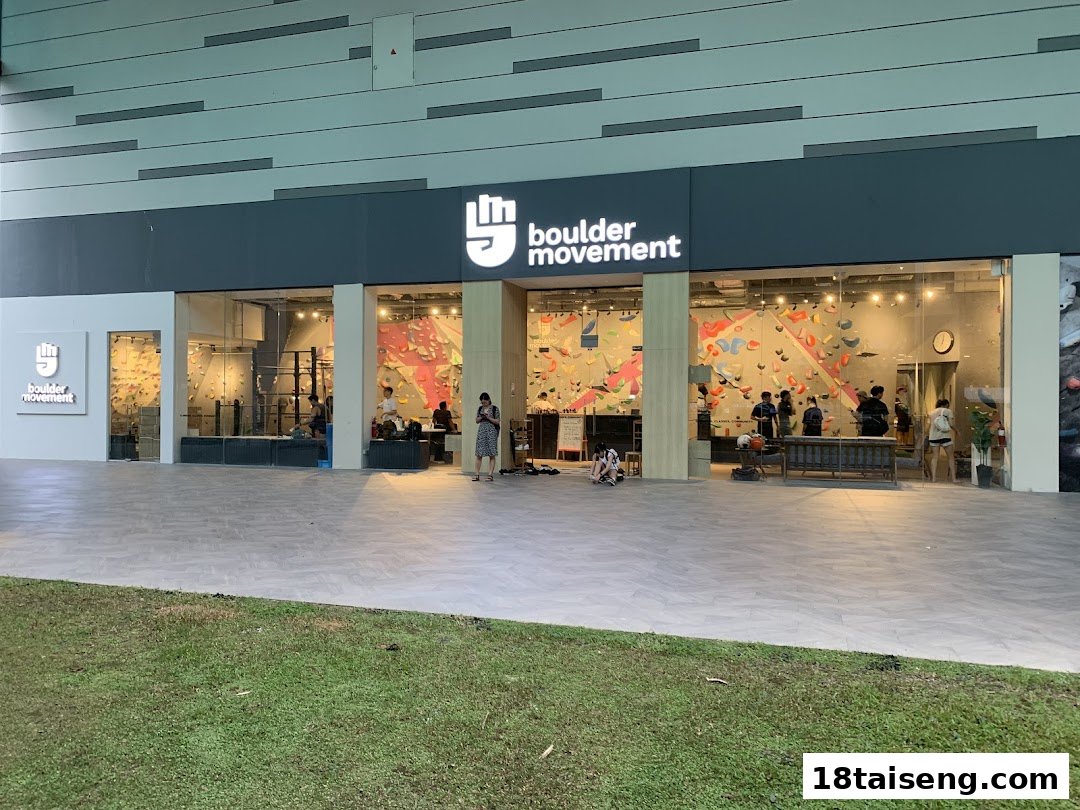 The storefront of Boulder Movement, a climbing gym, showcasing its vibrant bouldering walls and active climbers inside.