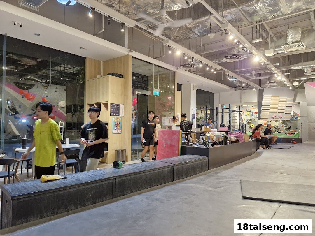 People engage in bouldering and socialize within a modern, well-lit indoor climbing gym.