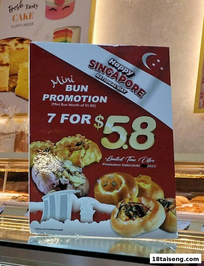 A promotional sign for 'Eat Rich' offering 7 mini buns for $5.80, celebrating Singapore National Day.