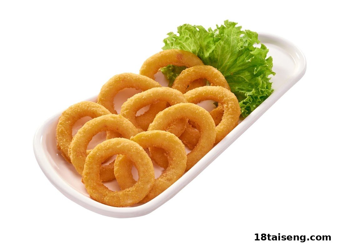 A white platter filled with golden-brown onion rings and a garnish of fresh lettuce.