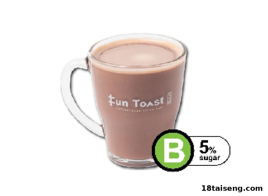 A warm chocolate beverage in a Fun Toast branded mug, indicating 5% sugar content.