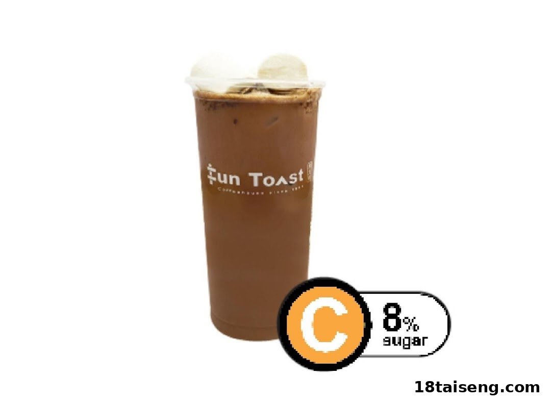 A Fun Toast chocolate drink topped with ice cream, indicating 8% sugar content.