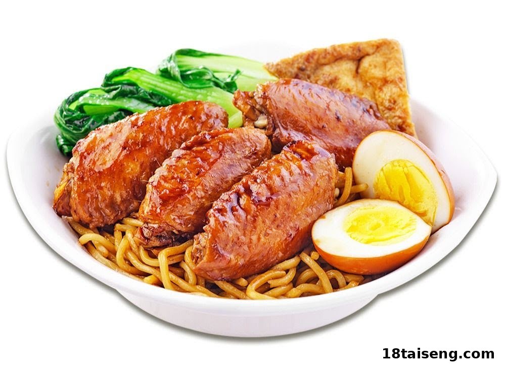 A bowl of savory noodles topped with glazed chicken wings, bok choy, braised egg, and tofu.