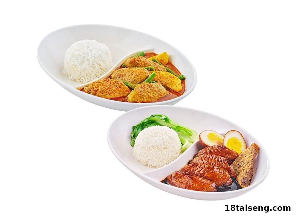 Two delicious rice sets featuring curry fish cakes and braised chicken wings with sides.