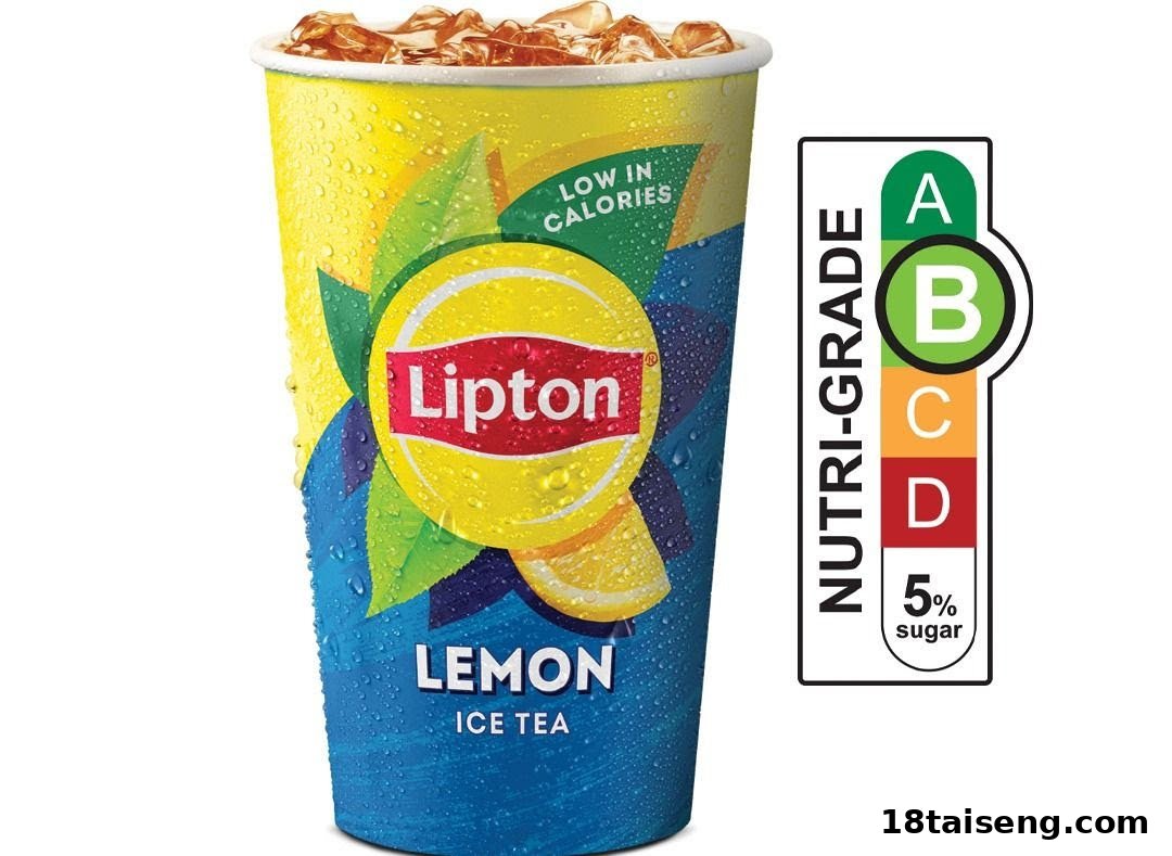 A refreshing cup of Lipton Lemon Ice Tea with ice, featuring a 'Low in Calories' and Nutri-Grade B label.