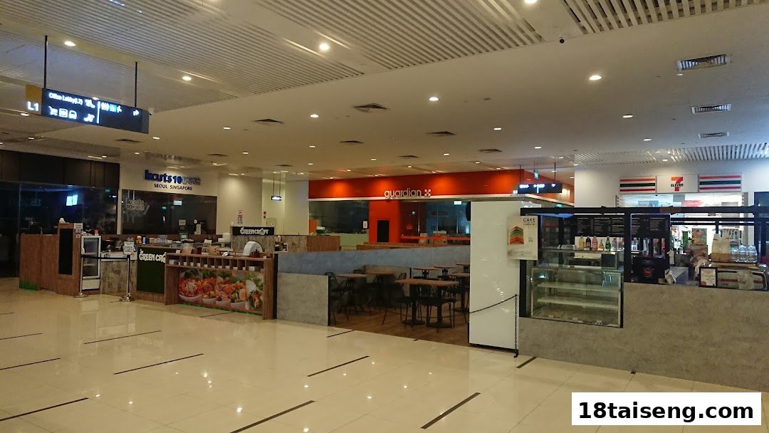 A wide shot of a mall interior featuring Guardian Health & Beauty, Green Croft, and 7-Eleven.