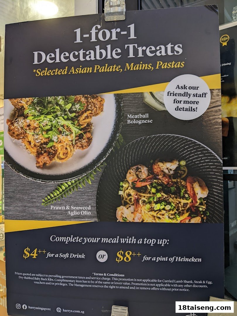 A promotional poster for Harrys Tai Seng, featuring a 1-for-1 food offer and drink top-ups.