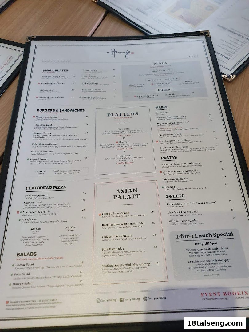 A detailed menu from Harry's Tai Seng, showcasing a variety of food and drink options.