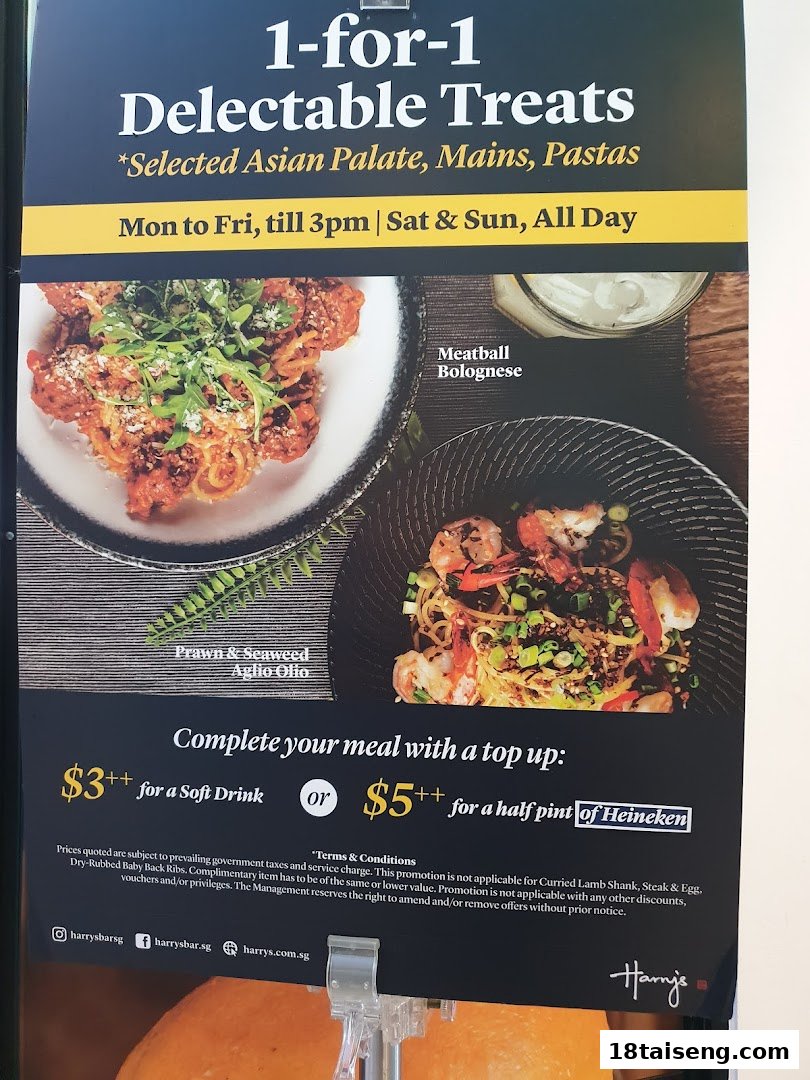 A promotional poster for Harry's offering 1-for-1 deals on selected food items and drink top-ups.