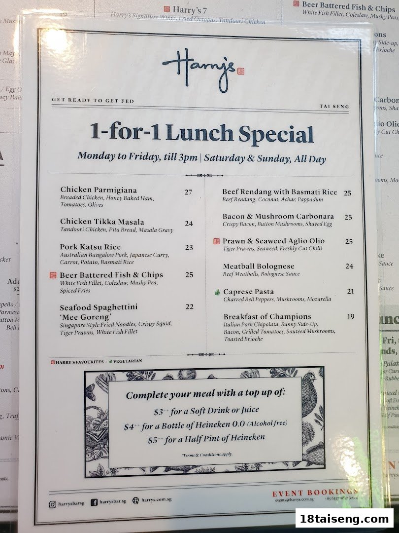 A menu from Harry's Tai Seng showcasing their 1-for-1 Lunch Special with various dishes and prices.