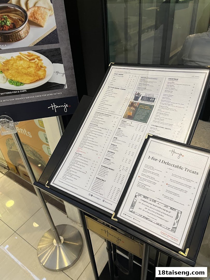 A stand displaying Harry's extensive food and drink menus, including special offers and 1-for-1 deals.