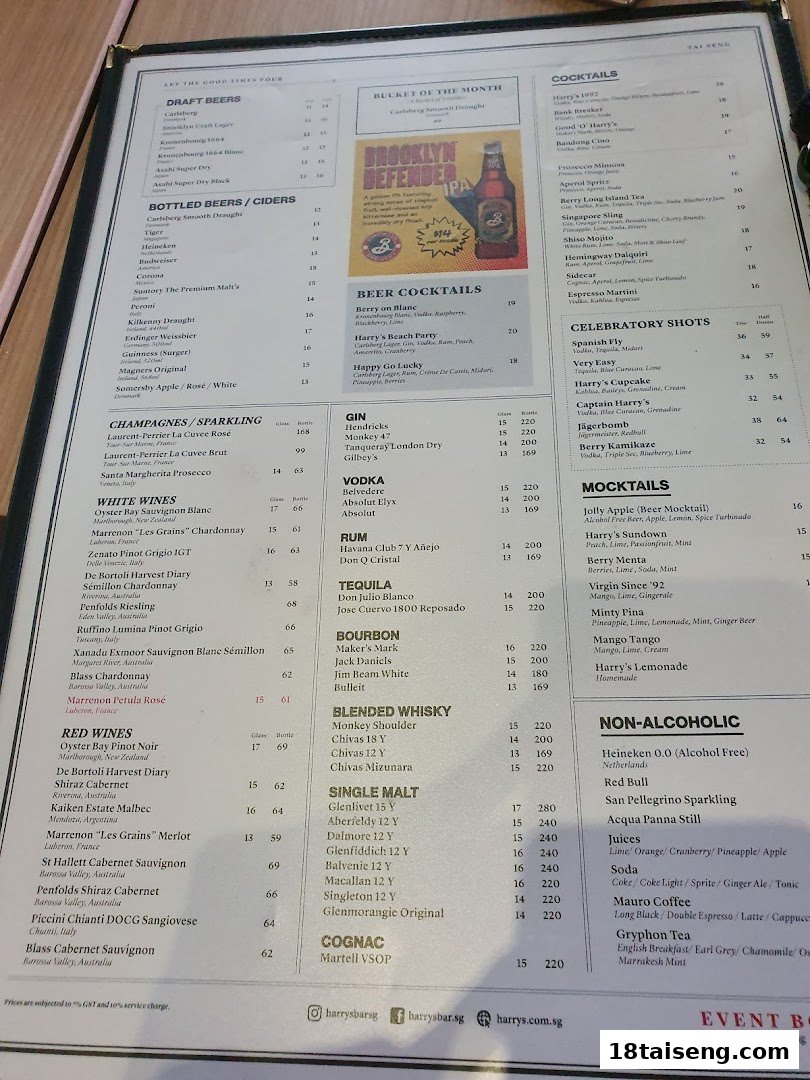 A detailed menu from Harrys Tai Seng, showcasing a wide range of alcoholic and non-alcoholic beverages.
