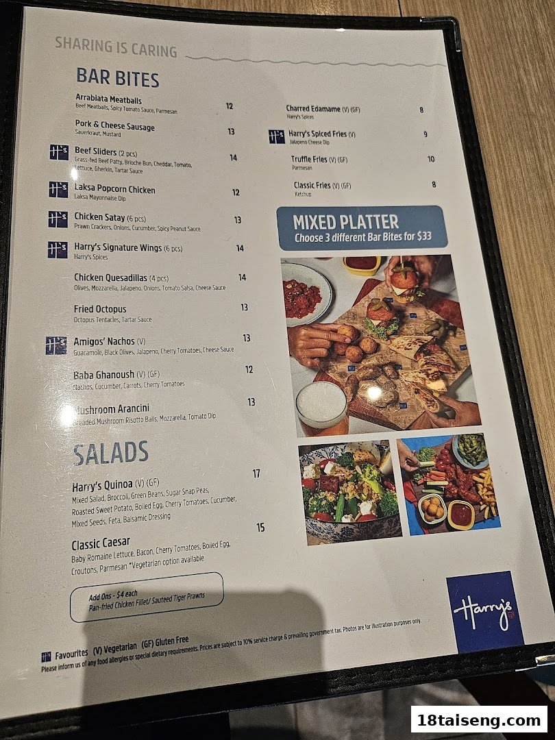 A detailed menu from Harry's featuring bar bites, salads, and special platters.