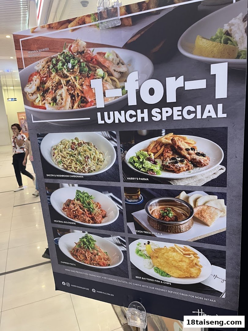 A promotional poster for Harry's featuring a '1-for-1 Lunch Special' with various delicious dishes.