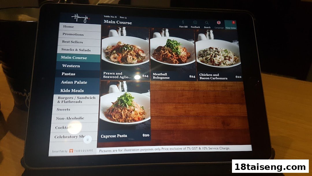 A digital menu on a tablet displaying pasta dishes and categories at Harrys.