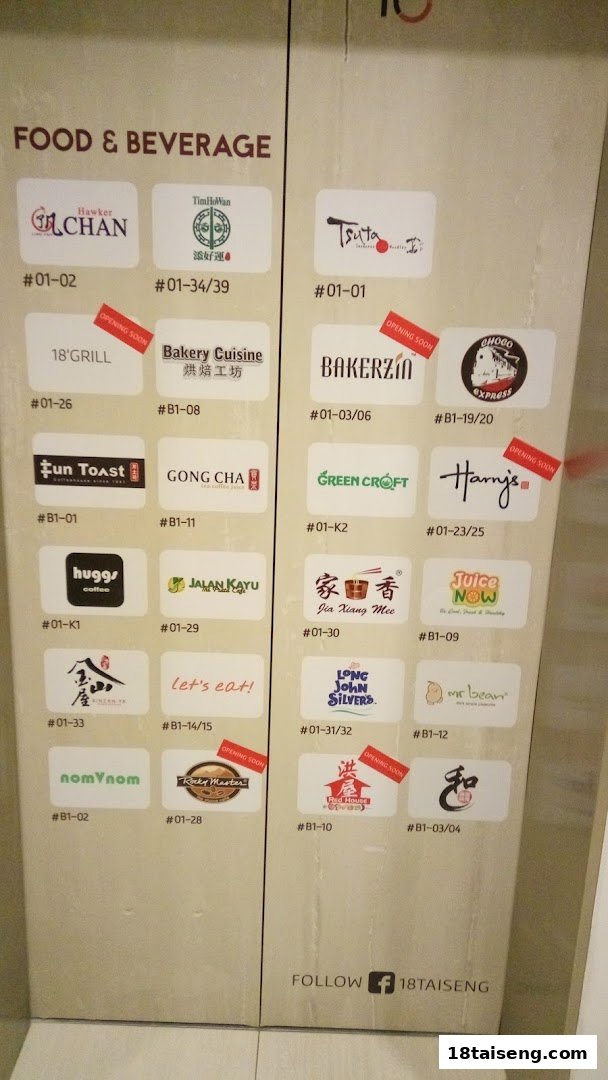 A directory board showcasing various food and beverage outlets with their names and unit numbers.