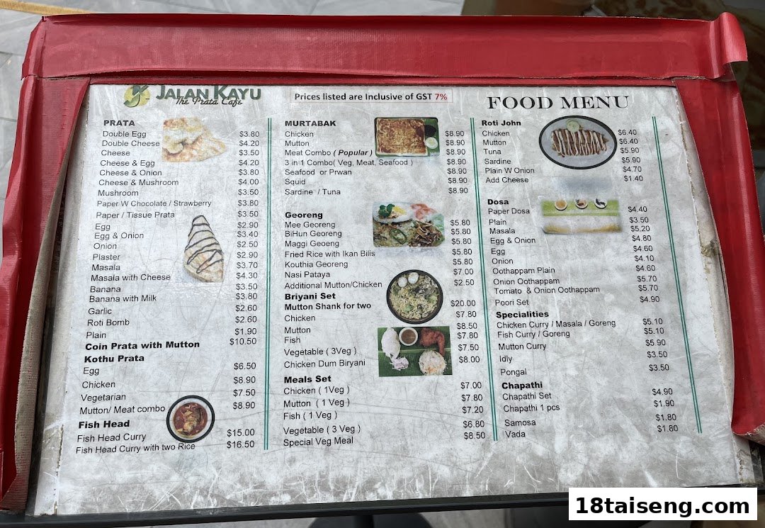 A detailed food menu from Jalan Kayu The Prata Cafe, showcasing various Indian and Malay dishes.