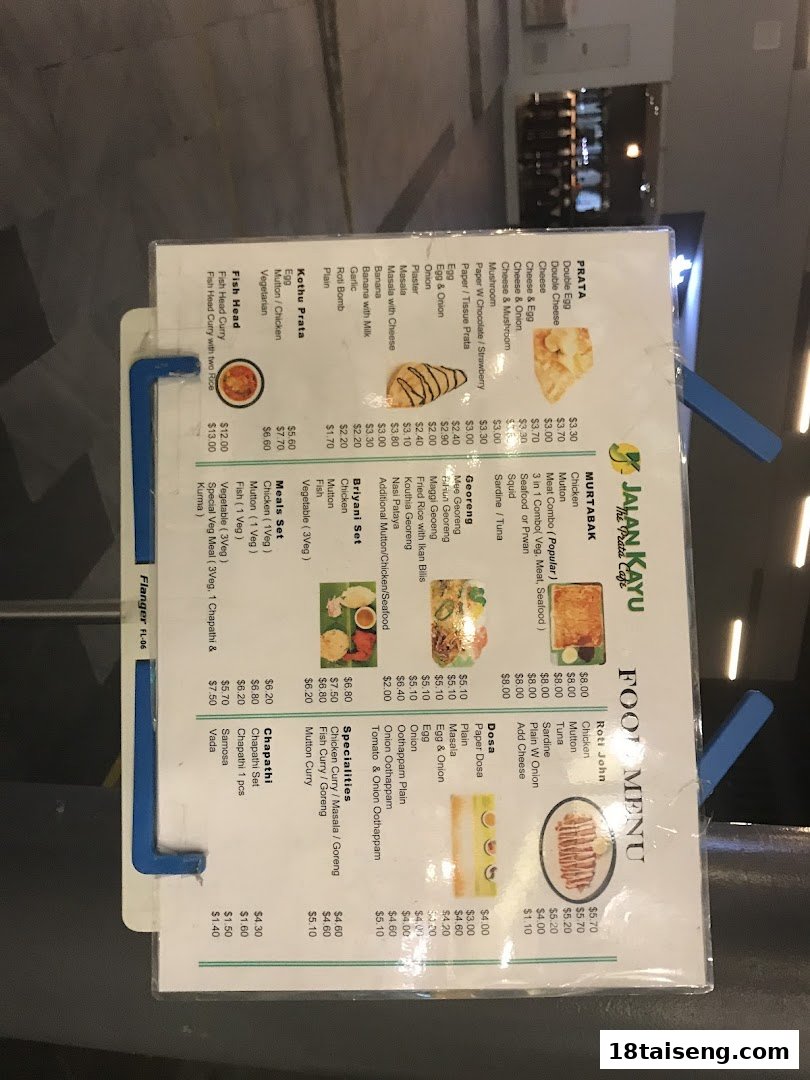 A comprehensive food menu from Jalan Kayu The Prata Cafe, displaying various Indian and Malay dishes.