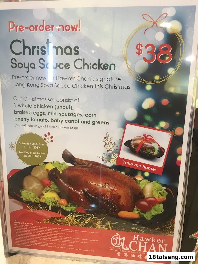 A promotional poster for Hawker Chan's Christmas Soya Sauce Chicken set, priced at $38, with collection details.