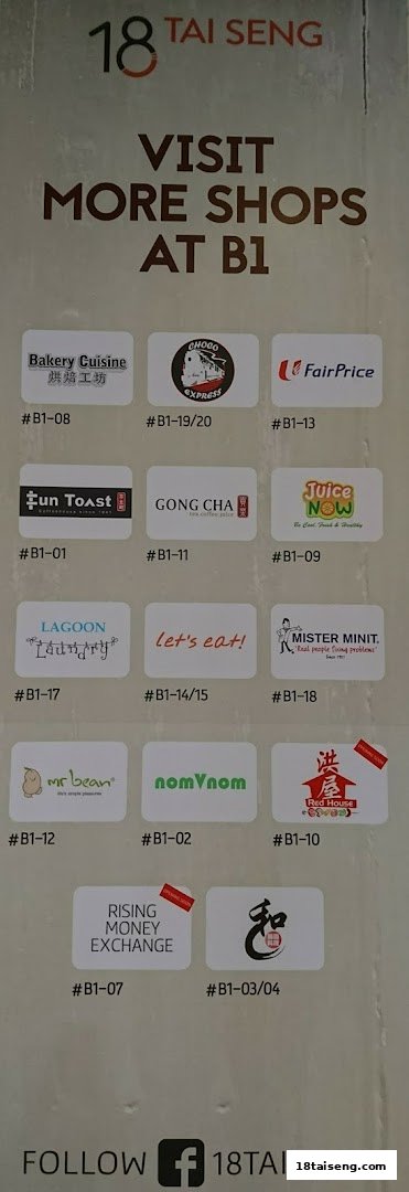 A directory board displaying various retail shops and their unit numbers at 18 Tai Seng's B1 level.