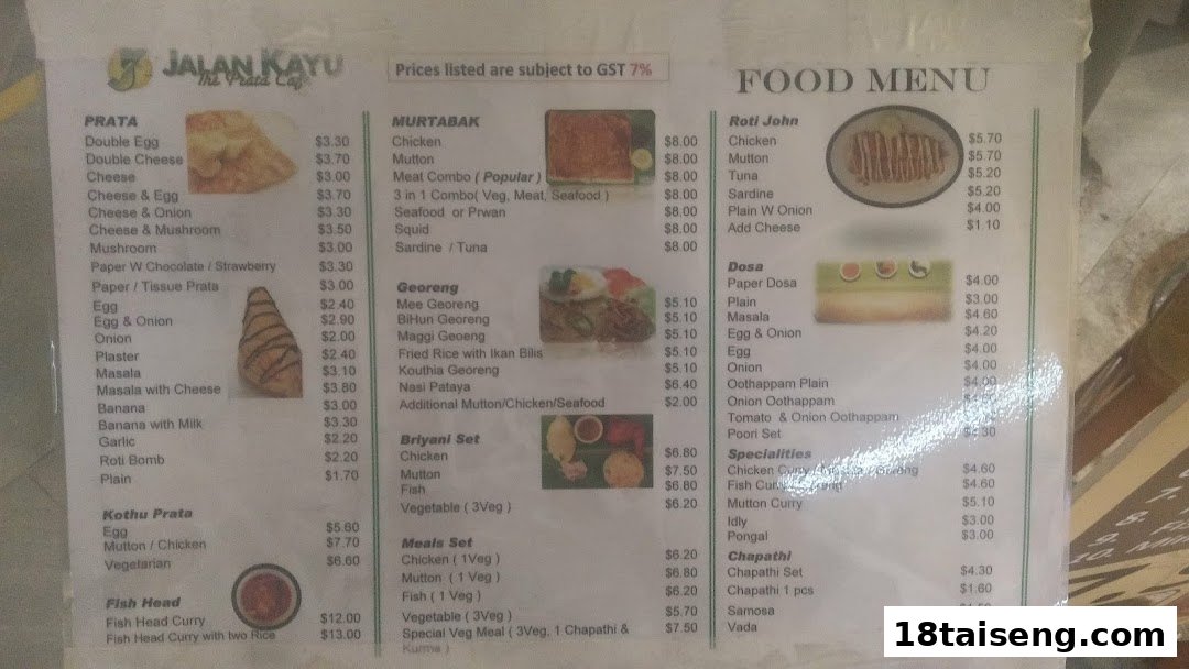 A detailed menu from Jalan Kayu The Prata Cafe, showcasing a variety of Indian and Malay dishes with prices.
