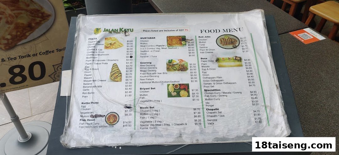 A detailed food menu from Jalan Kayu The Prata Cafe, showcasing a variety of Indian-Muslim dishes.