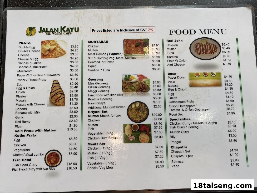 A detailed food menu from Jalan Kayu The Prata Cafe, featuring various Indian and Malay dishes.