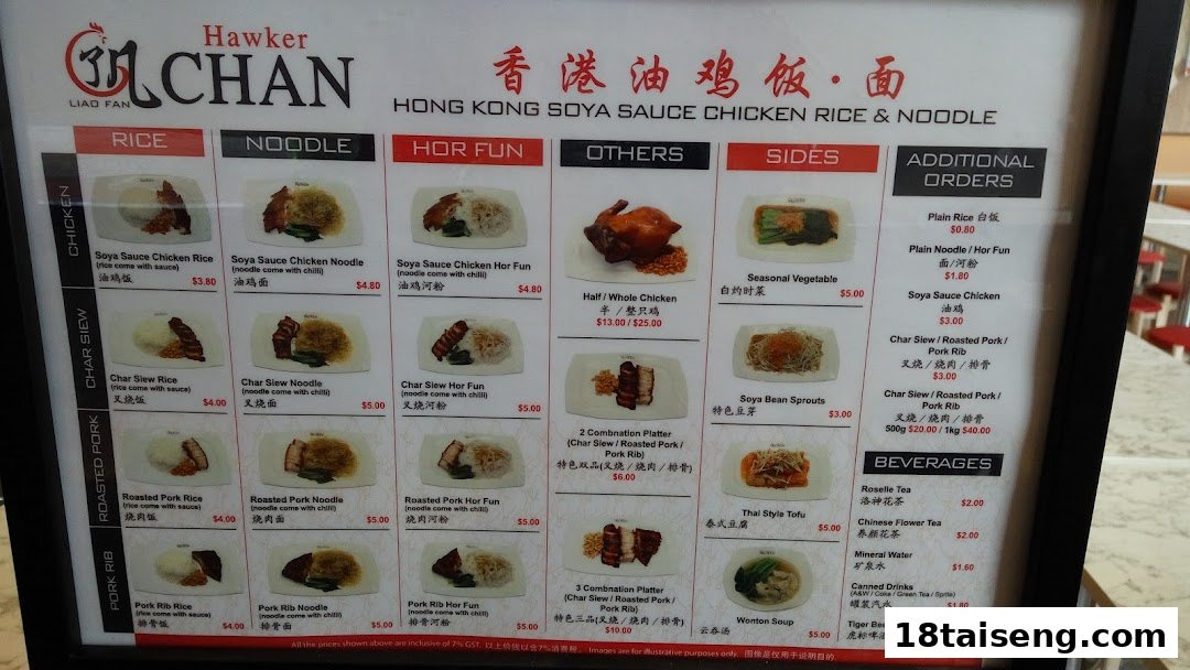A detailed menu board for Hawker Chan, featuring Hong Kong Soya Sauce Chicken Rice & Noodle dishes.