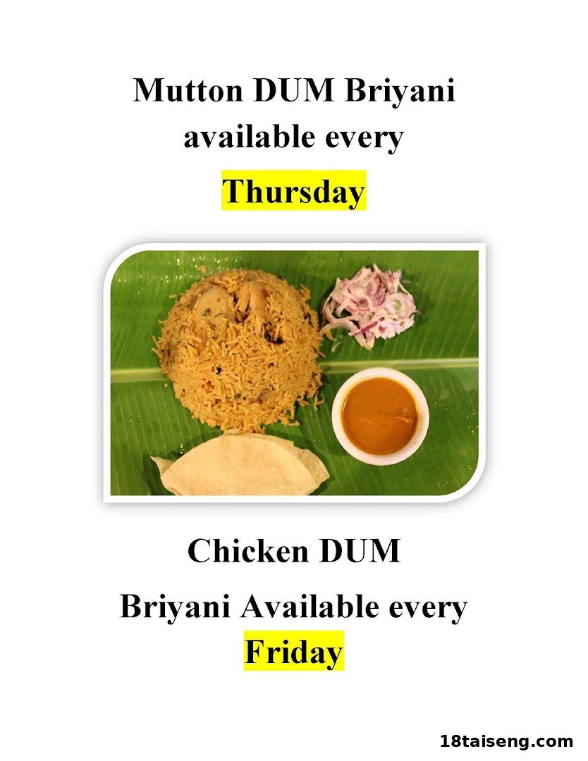 Image showcasing Mutton and Chicken Dum Briyani specials available on specific days.