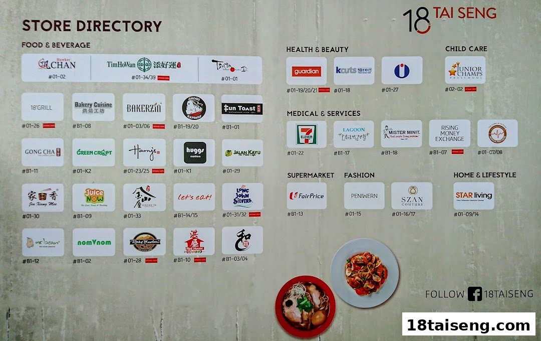 A comprehensive store directory for 18 Tai Seng mall, listing various shops by category.