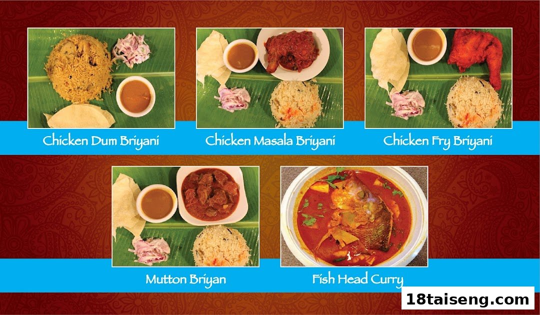 A visual menu displaying various biryani dishes and fish head curry from the restaurant.