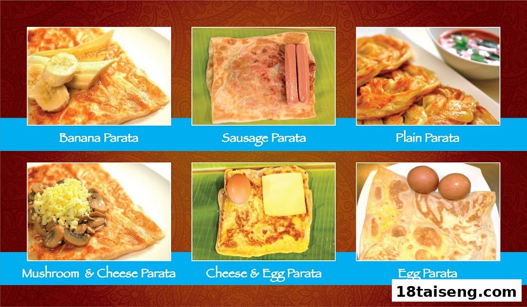 A visual menu displaying six different types of delicious parata dishes.