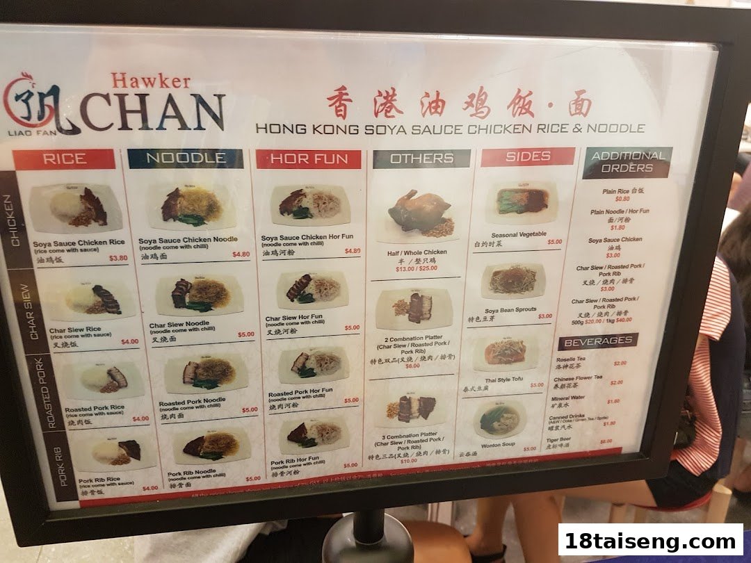 A detailed menu board displaying various Hong Kong Soya Sauce Chicken Rice & Noodle dishes.