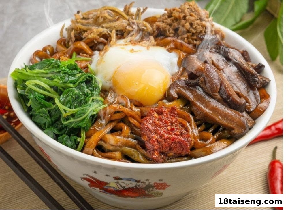 A steaming bowl of savory noodles topped with a fried egg, vegetables, mushrooms, anchovies, and chili paste.