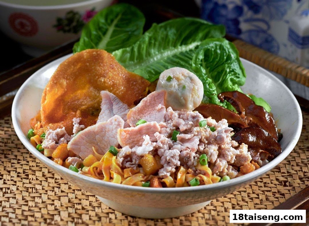 A close-up of a delicious bowl of Asian noodles topped with various meats, vegetables, and a fried wonton.