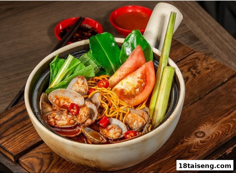 A vibrant bowl of spicy noodles with fresh clams, tomatoes, and herbs on a wooden table.