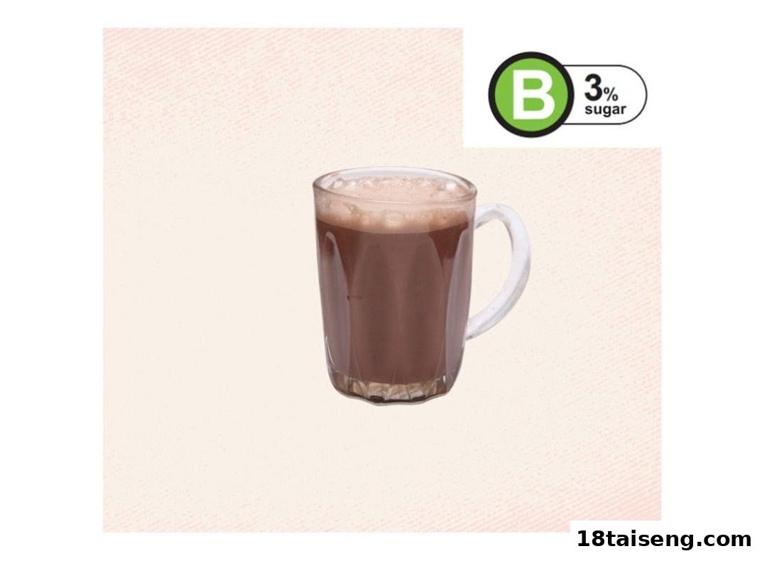 A glass mug of hot chocolate with a 'B 3% sugar' nutritional label.