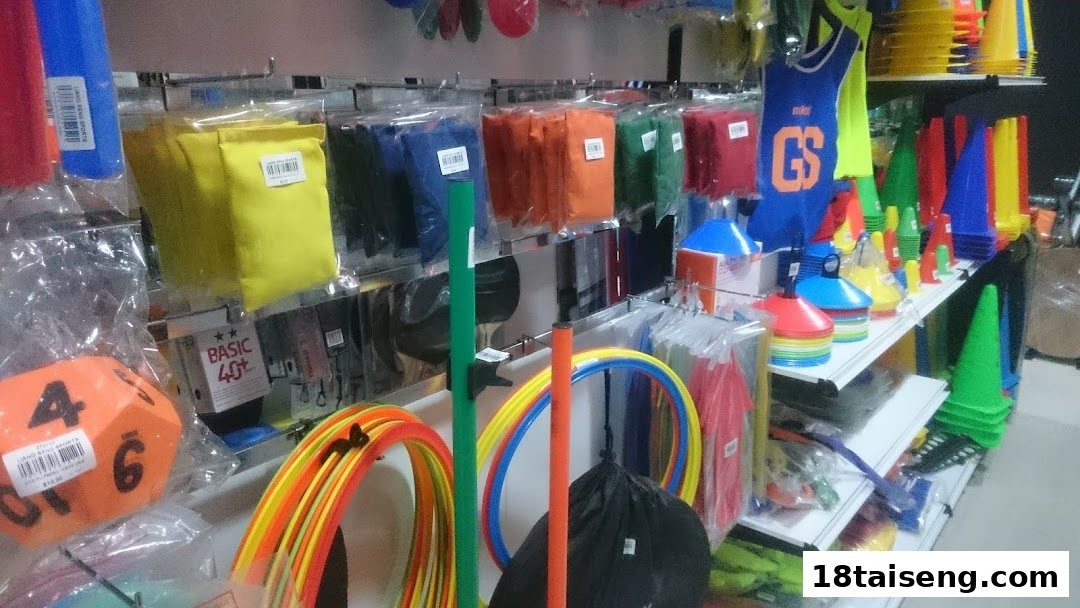 Shelves filled with colorful sports and physical education equipment like cones, hoops, and beanbags.