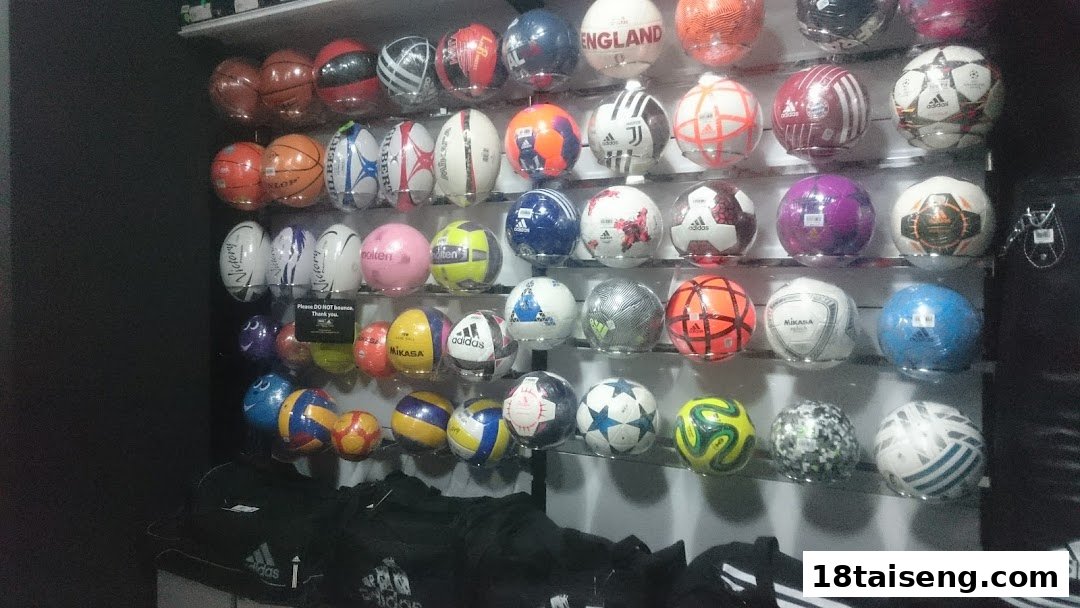 A vibrant display of various sports balls, including footballs, basketballs, and volleyballs, on shelves.
