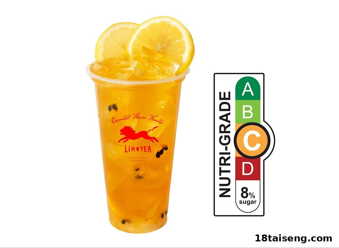 A refreshing LiHO TEA beverage with lemon slices and passion fruit seeds, alongside a Nutri-Grade C label indicating 8% sugar.