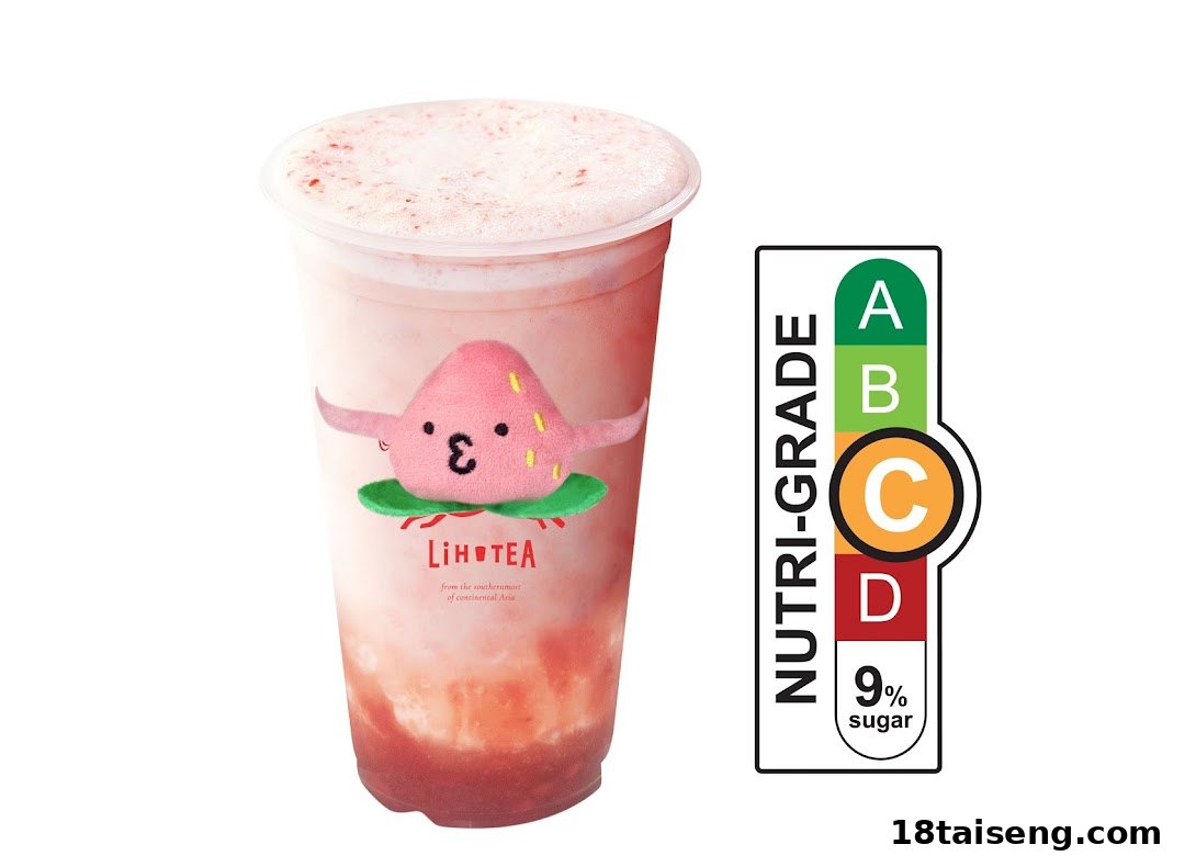 A refreshing pink beverage from LiHO TEA featuring a cute strawberry character and a Nutri-Grade label.